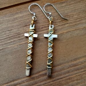Silver cross earrings wrapped in gold wire